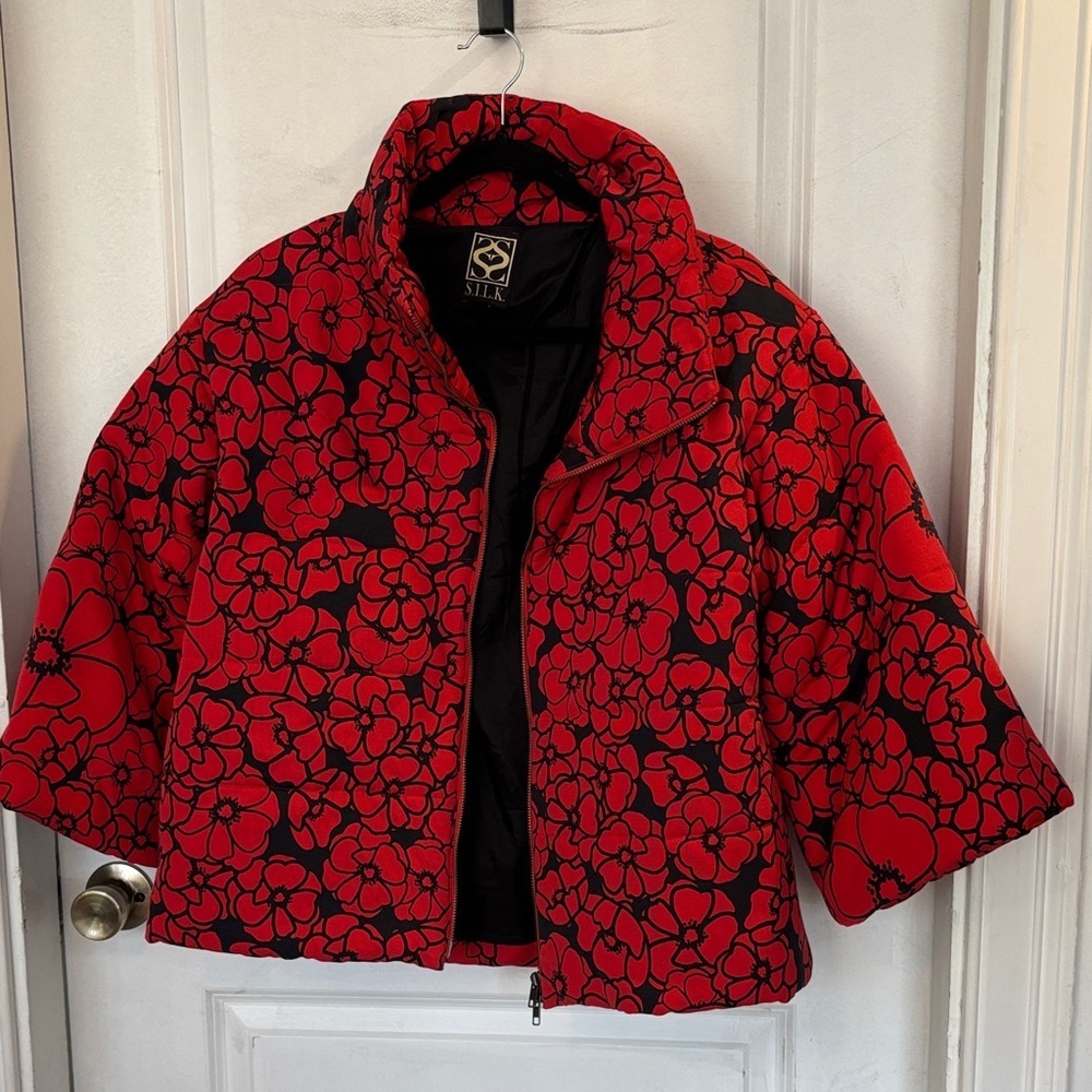 Red and Black Silk Puffer Floral Jacket - Picture 1 of 4